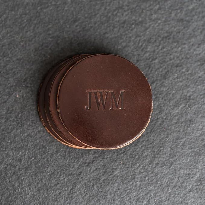 Ox & Pine Personalized Leather Coaster - Sold Individually or in Sets of 4 - Customize Inscription - 100% Full-Grain Leather – 4" Round or 4" Square (Round, Deep Ocean, Set of 4 Coasters)