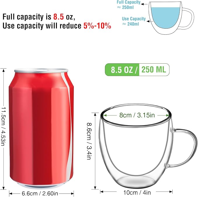 Espresso Cups Set of 4, 8.5oz Double Walled Glass Coffee Cups - Image 5