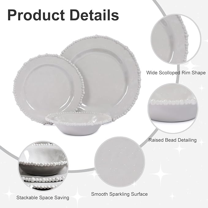 Grey Pearl 12-Piece Melamine Dinnerware Set - Unbreakable Plastic Plates & Bowls, Service for 4, Dishwasher Safe, Lightweight Shatterproof Tableware for Indoor/Outdoor Use