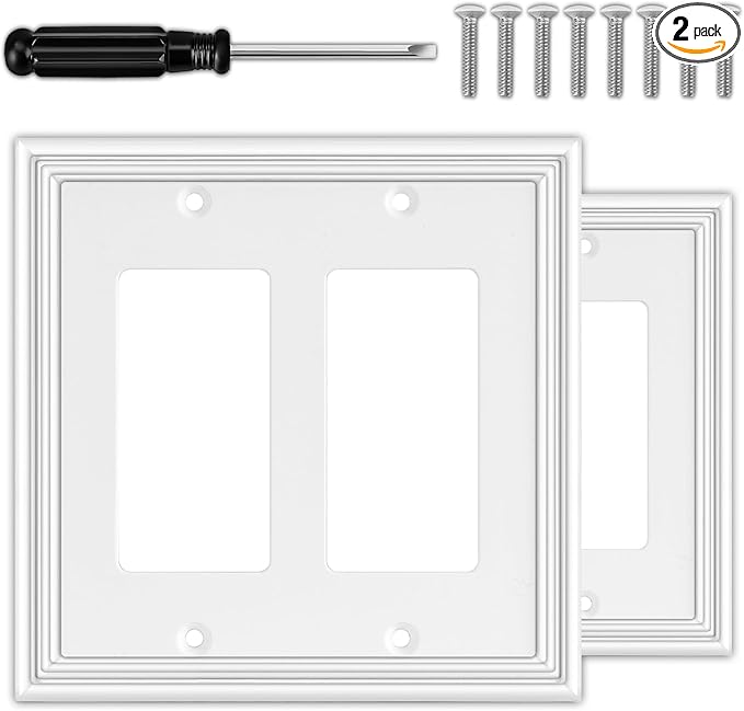 White Decorative Double Decorator Switch Covers Wall Plate, Natural Material Rocker Switch Plates for Receptacle, GFCI Outlet, Dimmer Switch - Modern Style (2 Gang Decorator 2 Pack)