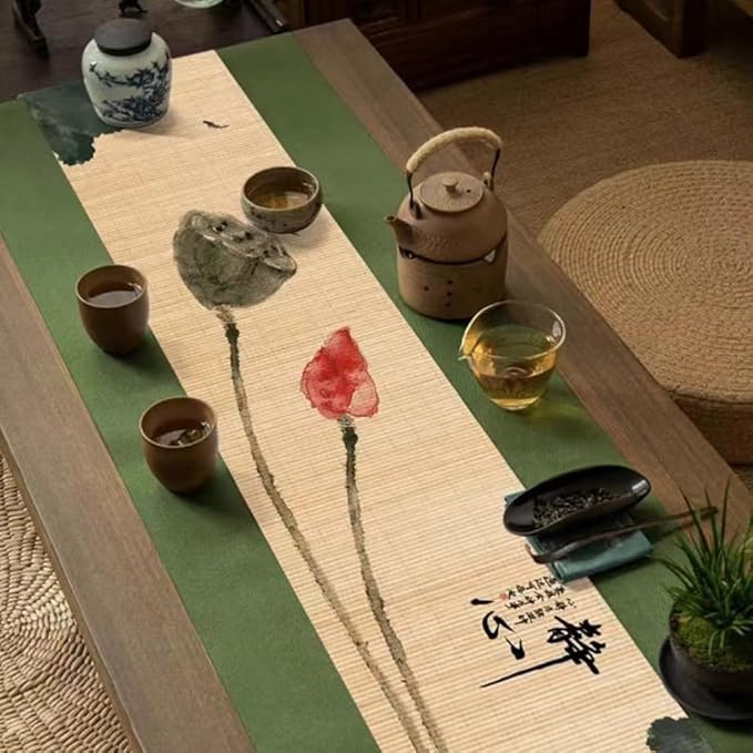 Asian Style Bamboo Table Runner, Ancient Chinese Paintings Zen Table Mat by Unknown