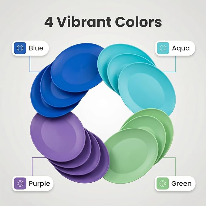 Plastic Plates Reusable - 10 inch Unbreakable Dinner Plate set of 12 - BPA Free Dishwasher Safe Microwave Plates - Everyday Large Plate for Kids Kitchen Salad Party Outdoor
