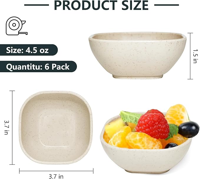 SHECIPIN 6 Pack Small Plastic Bowls 4.5 OZ Unbreakable Wheat Straw Dipping - Image 2