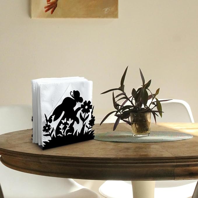 Rabbit Flower Decorative Black Metal Napkin Holder for Table, 5.3" x 4.9" x 1.9" Bunny Butterfly Animal Standing Napkin Holder for Home Kitchen Restaurant Picnic Party Coffee Bar Dining Room