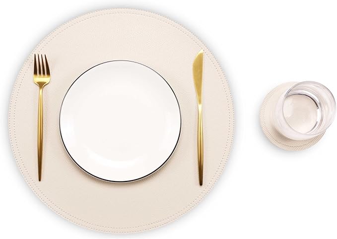 Set of 8 Faux Leather Round Placemats and Coasters, Coffee Mats Kitchen Table Mats, Waterproof, Easy to Clean for Kitchen Dining Round Table, 13 inch Beige
