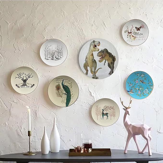 Ceramic Plates, Dinosaur Decorative Ceramic Plates, Tyrannosaurus Rex Pair Facing Off Ferocious Creatures, 10 Inch, Household Plates Decorative, Ivory Brown Grey