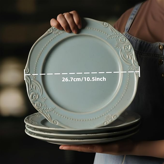 salad plates set of 4, 10.5 inch Reactive Glaze Stoneware Dinner Dish Set for Dessert, Salad, Appetizer, platos de ceramica Dishwasher & Oven Safe, Scratch Resistant-Light Blue