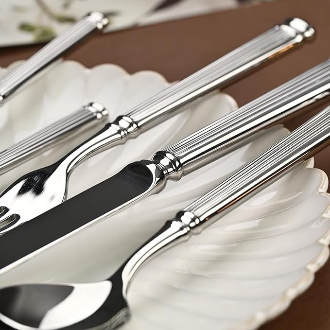Gold Silverware Set for 10 Flatware Set 40 Pieces Luxury Tableware Set Roman Column Handle Knives and Forks spoons 18/10 Stainless Steel Cutlery Utensil Sets for Home Restaurant Dishwasher Safe