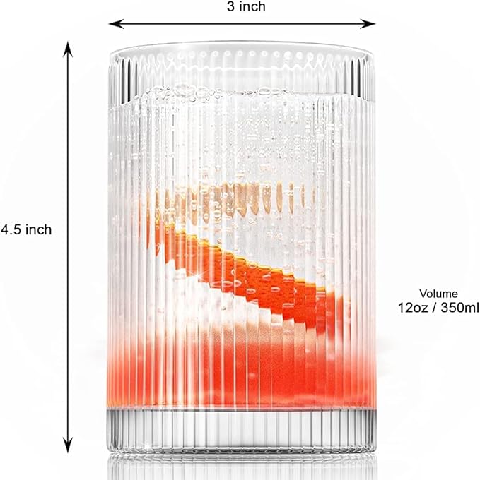LEMONSODA Vintage Straight Line Highball Cocktail Drinking Glasses and Tumblers 10oz, 12oz (12 oz, Set of 4) [2072]