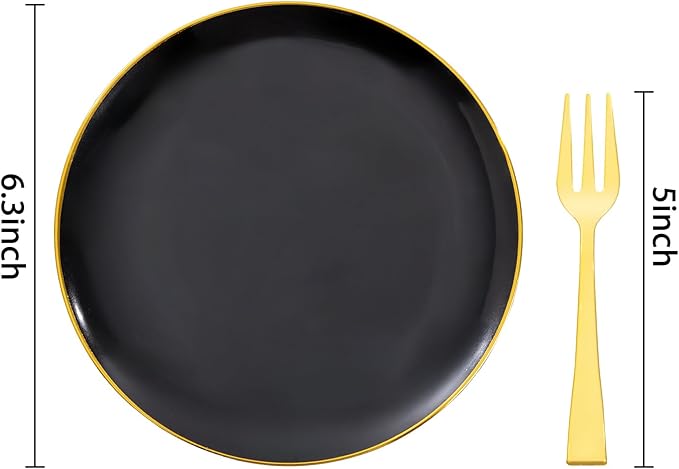 Festiva 400Pcs Black Gold Dessert Plates 6.3" with Forks 5"- 200PCS Small Disposable Dessert/Cake/Appetizer Plates and 200PCS Forks - Serve 200 Guests for Birthday Party& Wedding