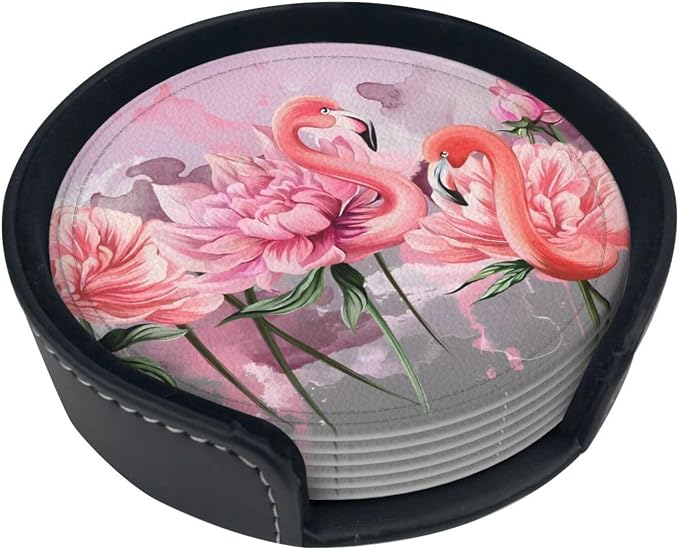 6 Pcs Pink Cute Flamingo Modern Art Boho Leather Coasters - Image 5