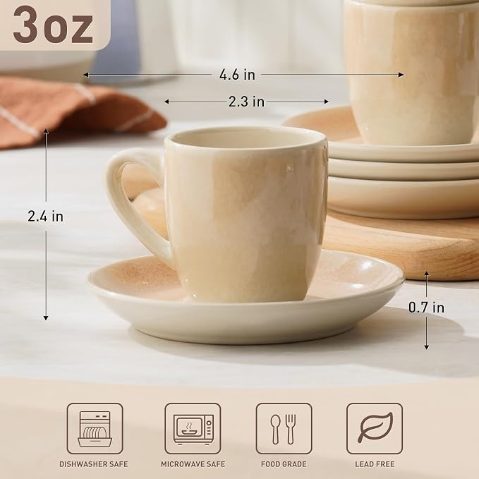 famiware 3oz Espresso Cups and Saucers, Honey Beige | Ceramic Small Coffee Mug - Image 6