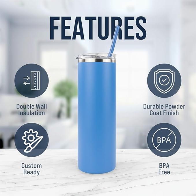 Hogg 20 oz Skinny Case (24 Units) - Steel Blue, Powder Coated Tumblers for Laser Engraving, Engravable Tumblers Bulk, Stainless Steel Cups Bulk, Insulated Cups with Lids and Straws