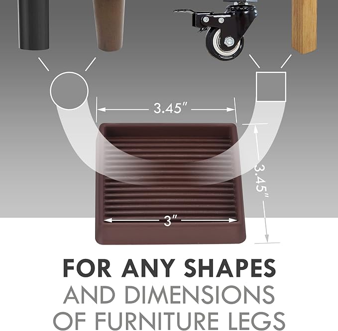 3X3 Rubber Caster Cups, Non Slip Furniture Pads, Anti-Slip Furniture Gripper, Anti Skid Furnitures Feet, Anti Slide Floor Protector for Bed Couch Stoppers (Brown, 8 Pack)
