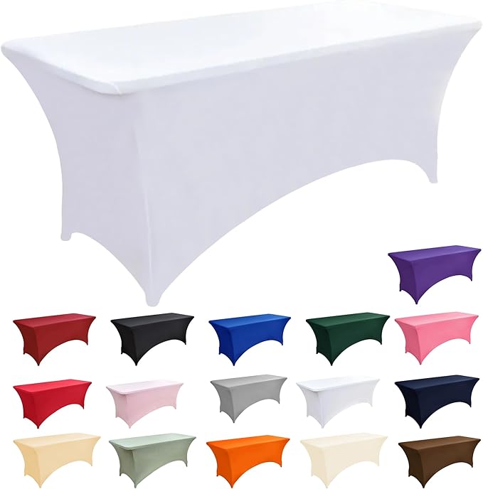 2-Pack 8ft White Spandex Table Covers for Rectangle Folding Tables - Washable Elastic Tablecloth - Ultimate Fitted Table Protector for Birthday Parties, Trade Shows, Banquet