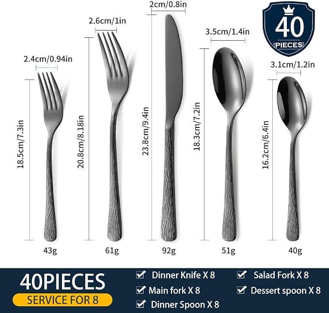 Hammered Black Silverware Set, Flatware Set, 18/10 Stainless Steel Premium - Image 3