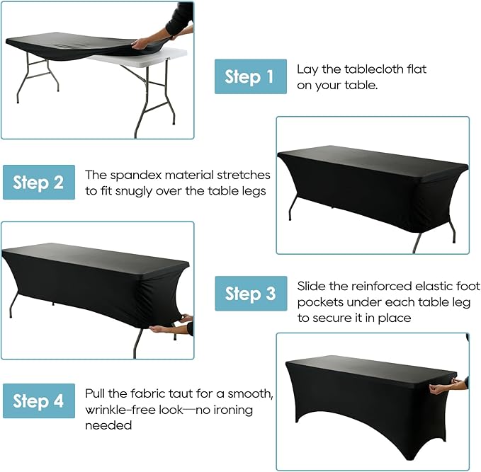 VidaFete Spandex Tablecloth 2 Pack 4FT, Fitted Stretch Table Cover for Rectangle Tables, Wrinkle Resistant and Washable Tablecloths for Outdoor, Picnic, Party, Wedding, Banquet, Birthday, Black