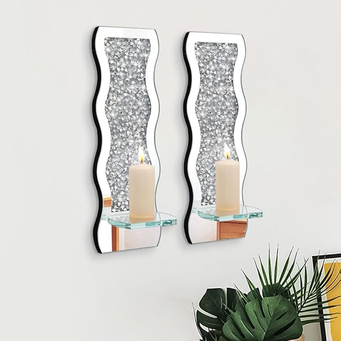 Pibeyer Mirrored Candle Sconces with Acrylic Diamond, Crushed Diamond Wall Candle Holders, Home Décor