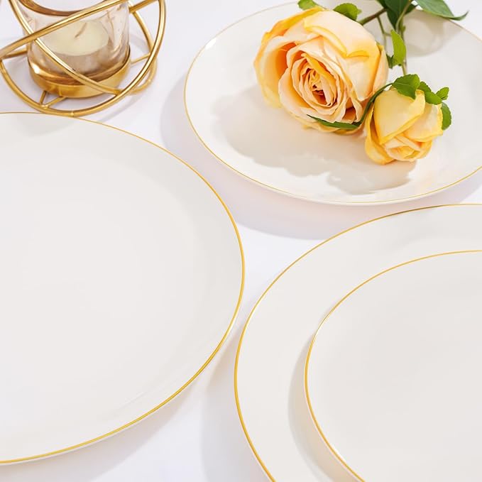Nervure 100Pcs Ivory and Gold Plastic Plates - 10.25inch Disposable Ivory Dinner Plates - Heavy Duty Plastic Plate Ideal for Wedding & Party