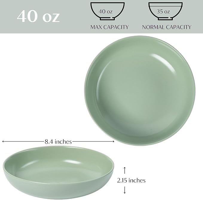 Ceramic Pasta Bowls Set of 4 – 40oz Extra Large Dinner Bowls, Deep Plates Salad Bowl for Eating, Pasta Plates, Stoneware Shallow Bowl Plate Set, Dishwasher & Microwave Safe - Green