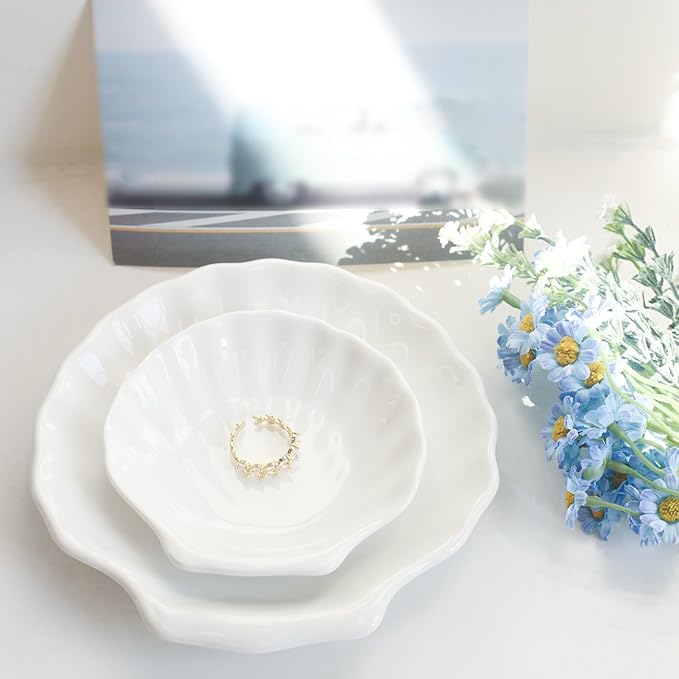 Shell Ring Dish Tray, Ceramic Jewelry Tray Trinket Dish, Seashell Key Holder Bowl, Beach Room Coastal Decor Aesthetic, Ocean Bathroom Counter Decor, White, Small
