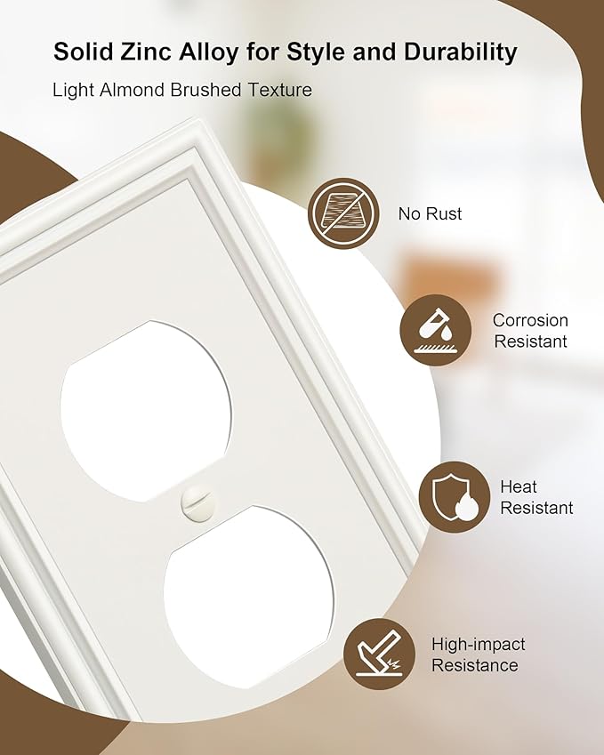2-Pack Duplex Outlet Cover, Durable Solid Zinc Alloy Decorative Switch Plates and Outlet Covers, Light Almond Wall Plates for Electrical Outlets, 1 Gang Receptacle Cover, Corrosion Resistant