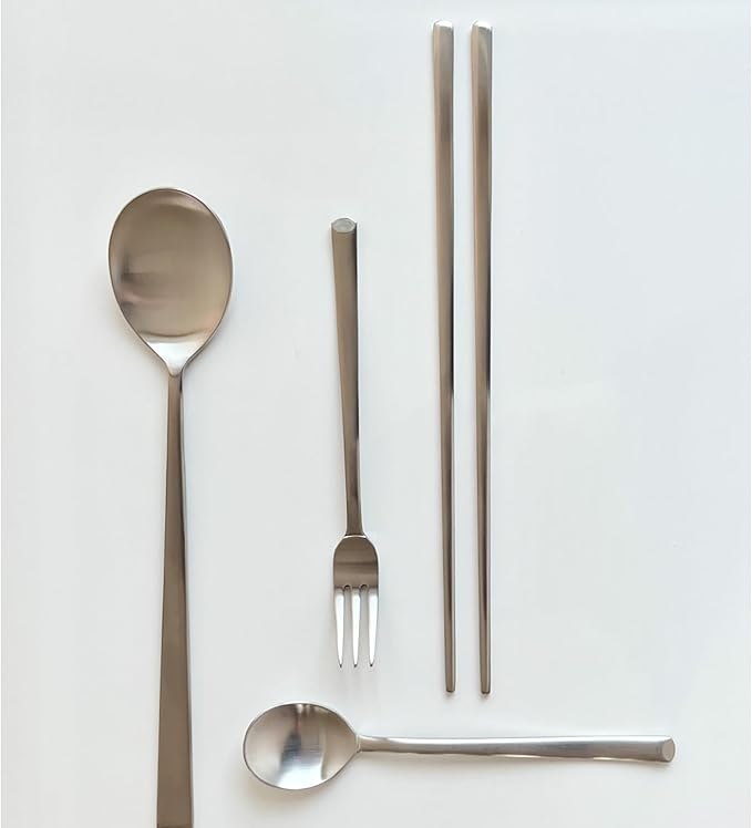 Korean Made Stainless Steel Silver Utensil Flatware Cutlery Korean Chopsticks and Spoon Set Tea Spoon and Tea Fork Set, 4SET Stocking Stuffer Gift for Mom Stocking Stuffer