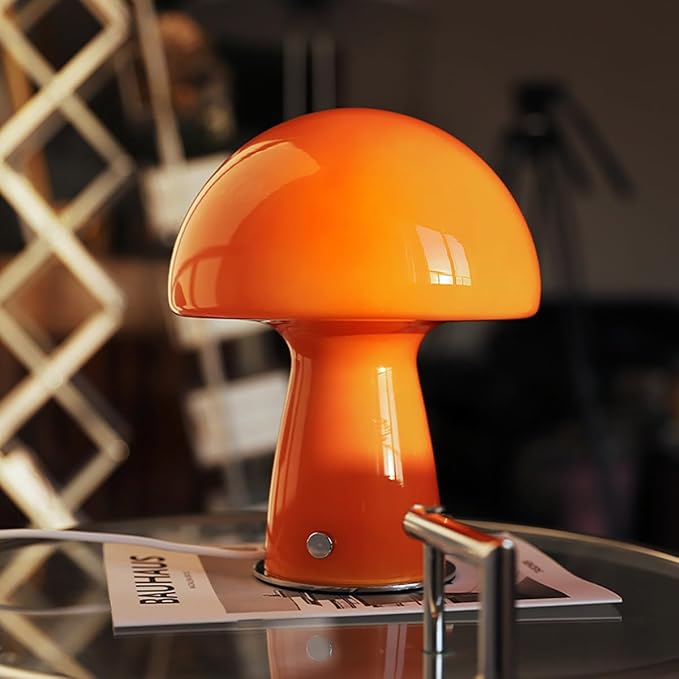Cute Mushroom Lamp with Glass Lampshade,Small Orange Table Lighting,3000K Warm Light Led Bedside Lamp,Mid Century Modern Desk Light for Living Room Bedroom