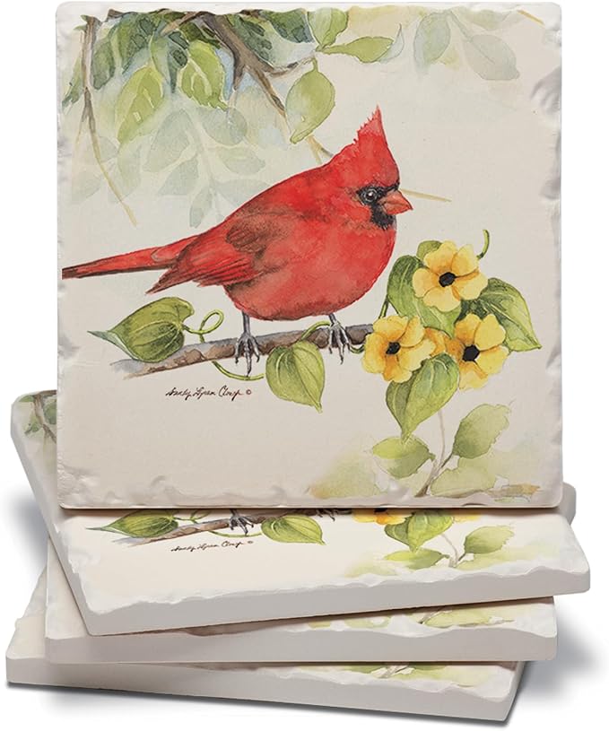 Thirstystone Cardinal Birdsong 4 Pack Tumbled Tile Stone Coasters | 4" Square by CounterArt