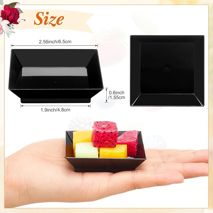 400 Pieces Mini Square Dessert Plates 2.5 x 2.5 Inch Disposable Appetizer Plates Small Clear Plastic Dish for Dessert Salad Appetizer Sauces Tastings Cake Wedding Party Serving (Black)