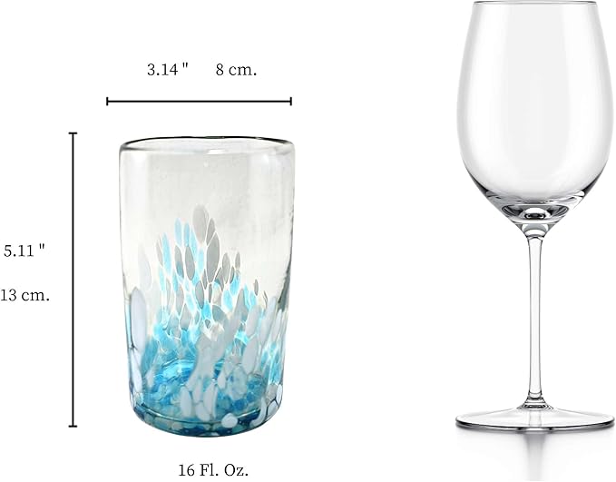 MAREY Hand Blown Drinking Glasses Artisan Crafted from Mexico Set of 6 pieces (Sky Confetti, Water 16 Oz.)
