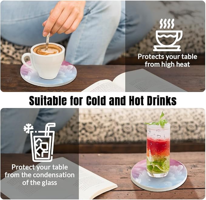 Ceramic Coasters Set of 6, Marble-Textured Design with Holder - Absorbent Cork-Backed Coasters for Cups, Bar & Coffee Table Decor Accessories (White Plume, 6 Pack)
