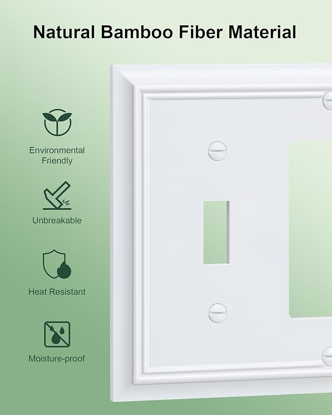 2-Pack Combo Toggle/Decorator Light Switch Cover Plate, Pure White Decorative Electrical Outlet Covers, Durable Natural Bamboo Fiber Switch Plates and Outlet Covers, Corrosion Resistant
