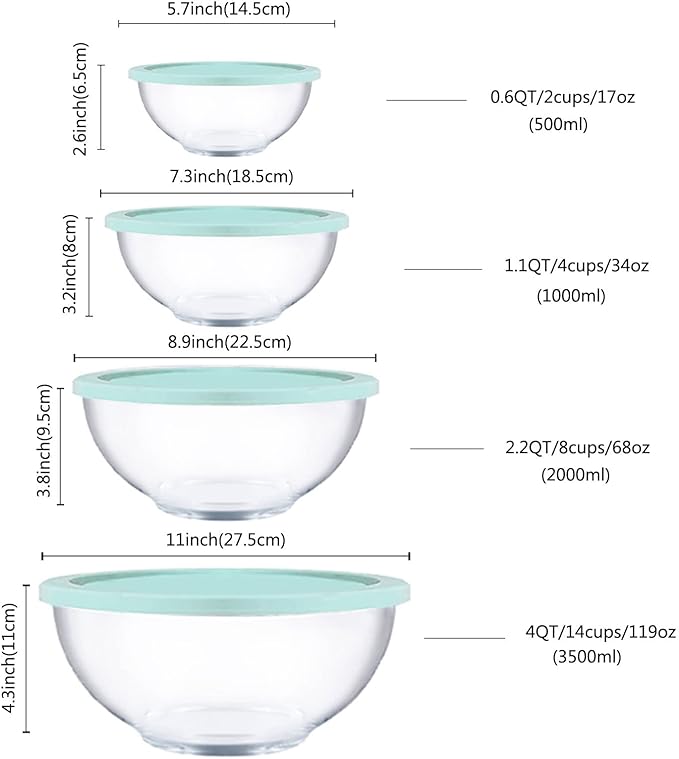 Glass Mixing Bowls with Lids Set, 8 Pieces Glass Salad Bowl Set with Lids(0.6QT,1.1QT,2.2QT,4QT) High Brosilicate Microwave Bowls for Kitchen Baking, Prepping Serving and Storage, Great Gift