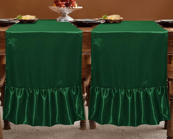 2 Pack Dark Green Satin Table Runner 12 x 108 Inch | Ruffle Design, Luxurious - Image 3