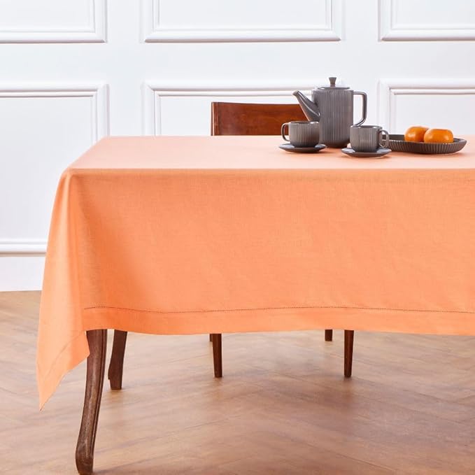 Solino Home Linen Tablecloth 60 x 132 Inch - Classic Hemstitch 100% Pure Linen Coral Table Cloth for Rectangle Tables - Machine Washable Tablecloth for Valentines, Spring, Easter