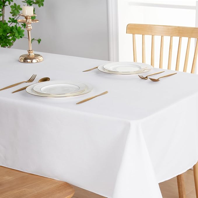 JIUZHEN 2 Pack Rectangle Table Cloth Faux Linen Farmhouse Tablecloth Wrinkle and Stain Resistant Decorative Fabric Table Cover for Kitchen, Dining Room, Parties and Camping, White, 54 x 80 Inch