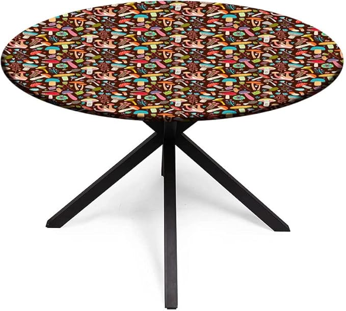 Polyester Tablecloth, Mushrooms Waterproof Oil-Proof PVC Table Cloth, Attractive Various Cartoon Leaves and Mushrooms Graphic, Fit Round Tables 39inch Diameter, for Dinner Kitchen Party Decoration