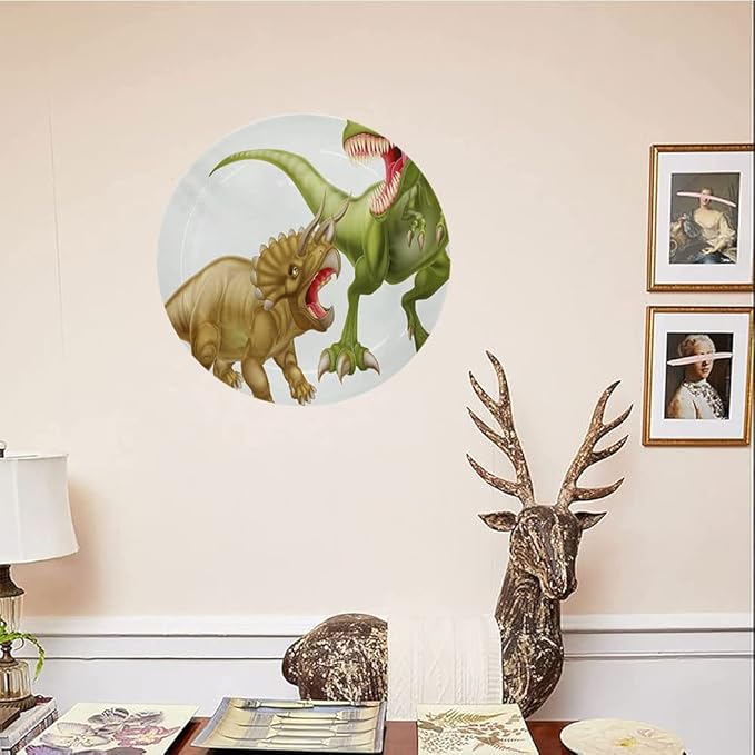 Ceramic Plates, Dinosaur Decorative Ceramic Plates, Rex Versus Triceratops Scaring Each Other, 8 Inch, for Dining, Parties, Wedding, Green Pink Pale Brown