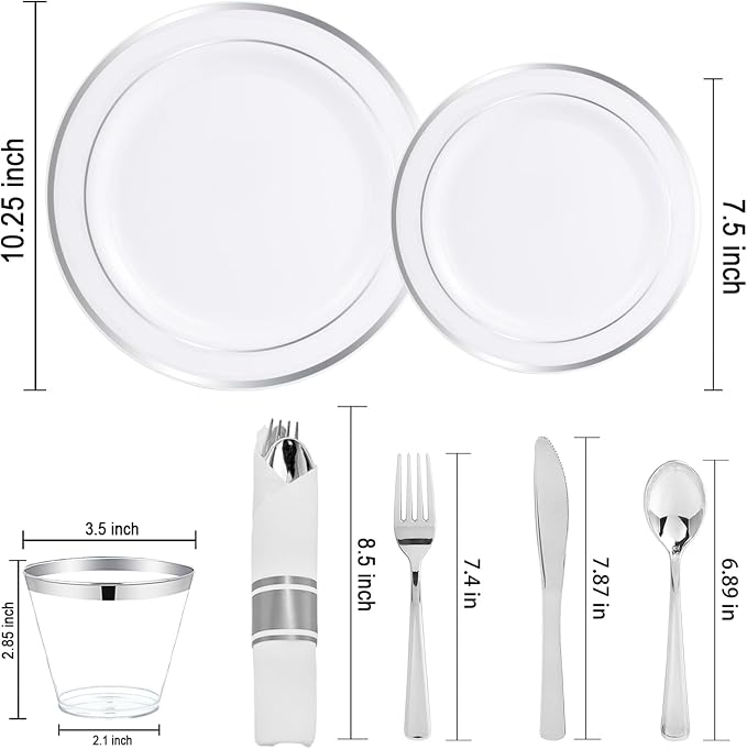 WELLIFE 210 Piece Silver Plastic Dinnerware Set - Image 2