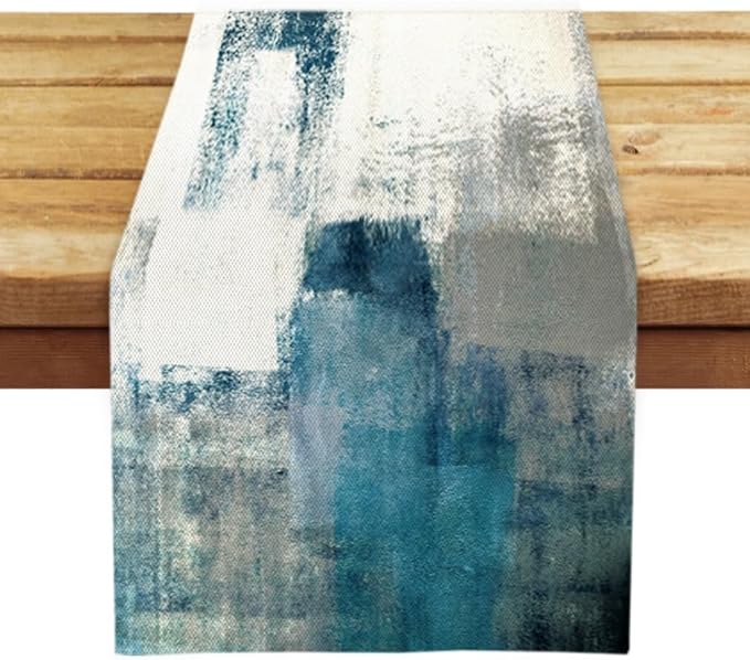 OYIMUA Teal and White Abstract Modern Table Runner, Art Rustic Kitchen Dining - Image 4