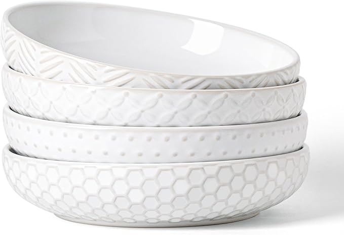 Embossed Ceramic Pasta Bowls, 42 oz Bowl Plates Set,9-Inch Large Serving Bowls Set of 4, Perfect for Pasta, Salad, Fruit, Sturdy&Stackable, Microwave & Dishwasher Safe