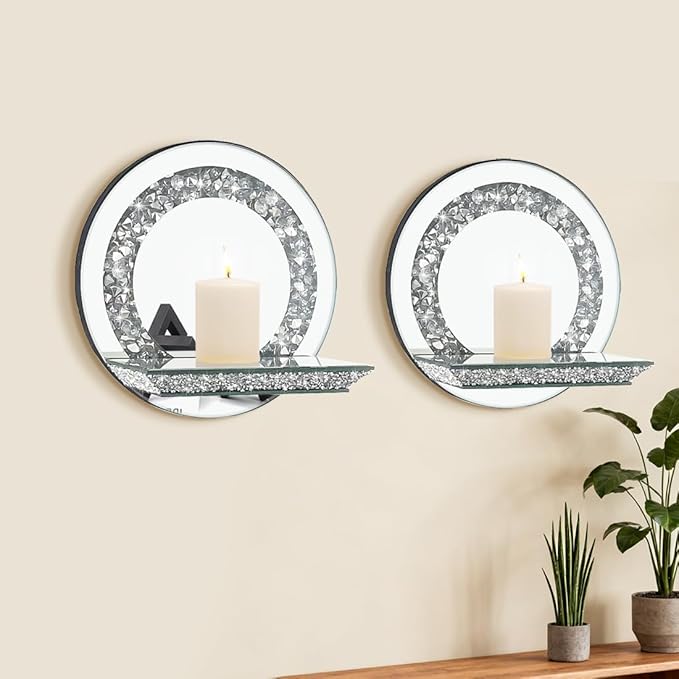 Pibeyer Mirrored Candle Sconces with Acrylic Diamond, Crushed Diamond Wall Candle Holders, Home Décor