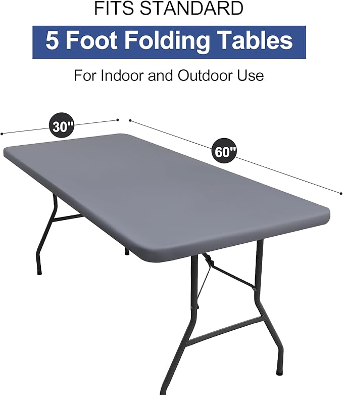 homing 2 Pack Rectangle Table Cloth, Elastic Fitted Fabric Tablecloth Fits for 5 Foot Folding Tables, Washable Table Cover for Picnic, Camping, Indoor & Outdoor (Grey, 30" x 60")