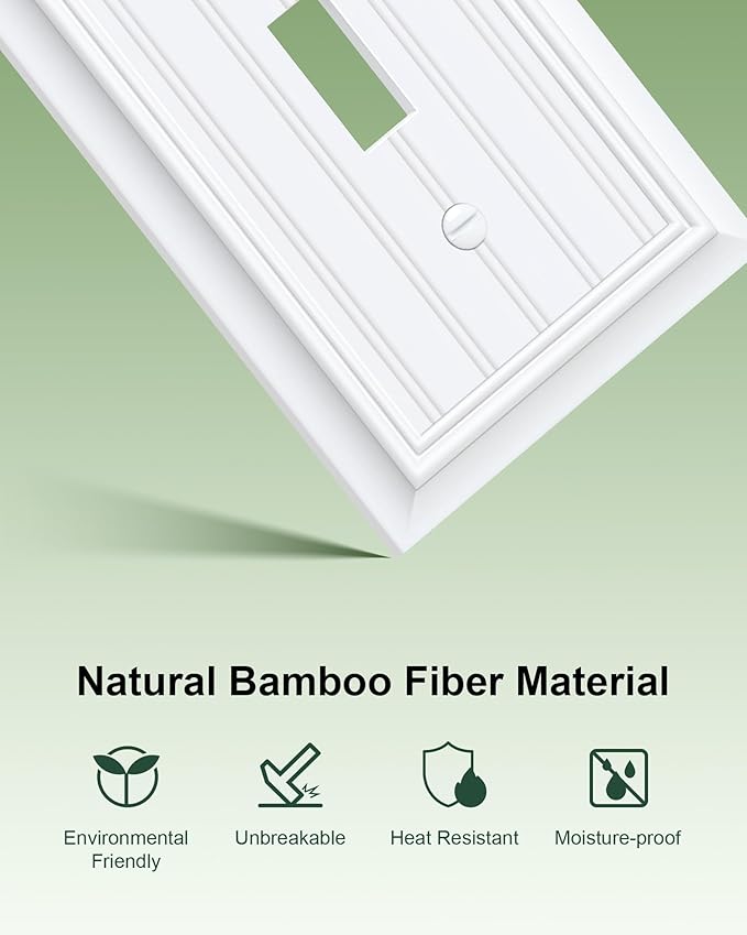 6-Pack Classic Beadboard Single Toggle Light Switch Cover Plate, Durable Natural Bamboo Fiber Decorative Switch Plate Covers, Pure White 1 Gang Wall Plate