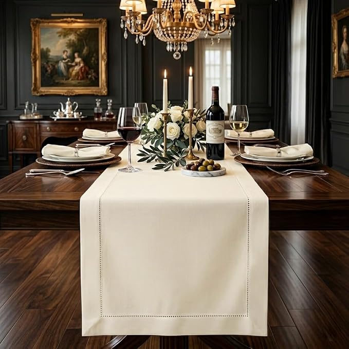 Signature Linen™ by D'Moksha Ivory Table Runner 144 Inches Long, 100% Pure Linen by DMokshaHomes