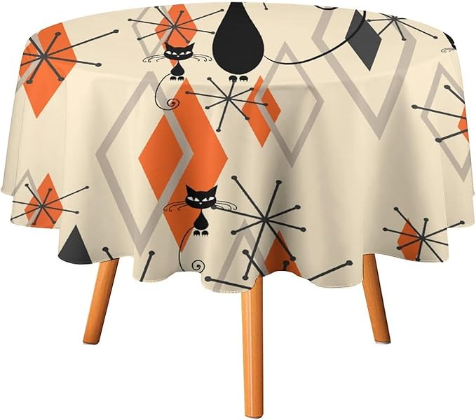 Retro Boho Modern Black Cat Round Tablecloth, Mid Century Boho Moon Abstract Geometric Leaf 50s 60s Style Tablecloth for Home Party Dining Room Kitchen Decor 60Inch(152cm)