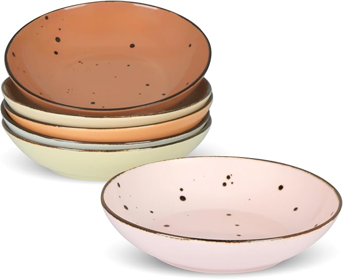 Esfour 8 Inch Porcelain Pasta Bowl, 23.6 Ounce Salad Bowls, Microwave & Dishwasher Safe, Sturdy & Stackable, Set of 6 Ceramic Bowl Plate Set, Wide Shallow Salad Bowls, Blossom Assorted Colors