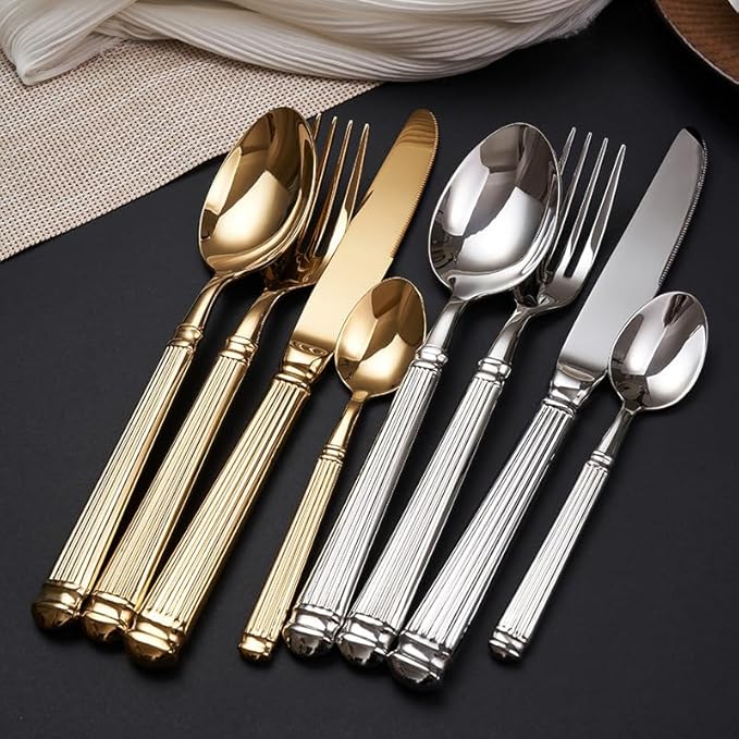 Silverware Set for 6 Flatware Set 24 Pieces Elegance Luxury Tableware Set Roman Column Handle Knives and Forks spoons 18/10 Stainless Steel Cutlery Utensil Sets for Home Restaurant Dishwasher Safe