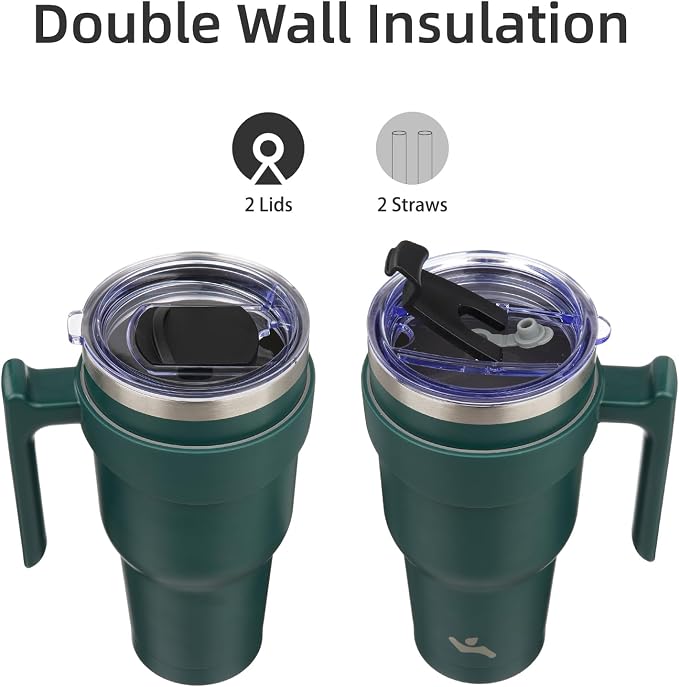 Konokyo 30 oz Tumbler with Handle and Straw, Insulated Travel Mug | Army Green; - Image 3